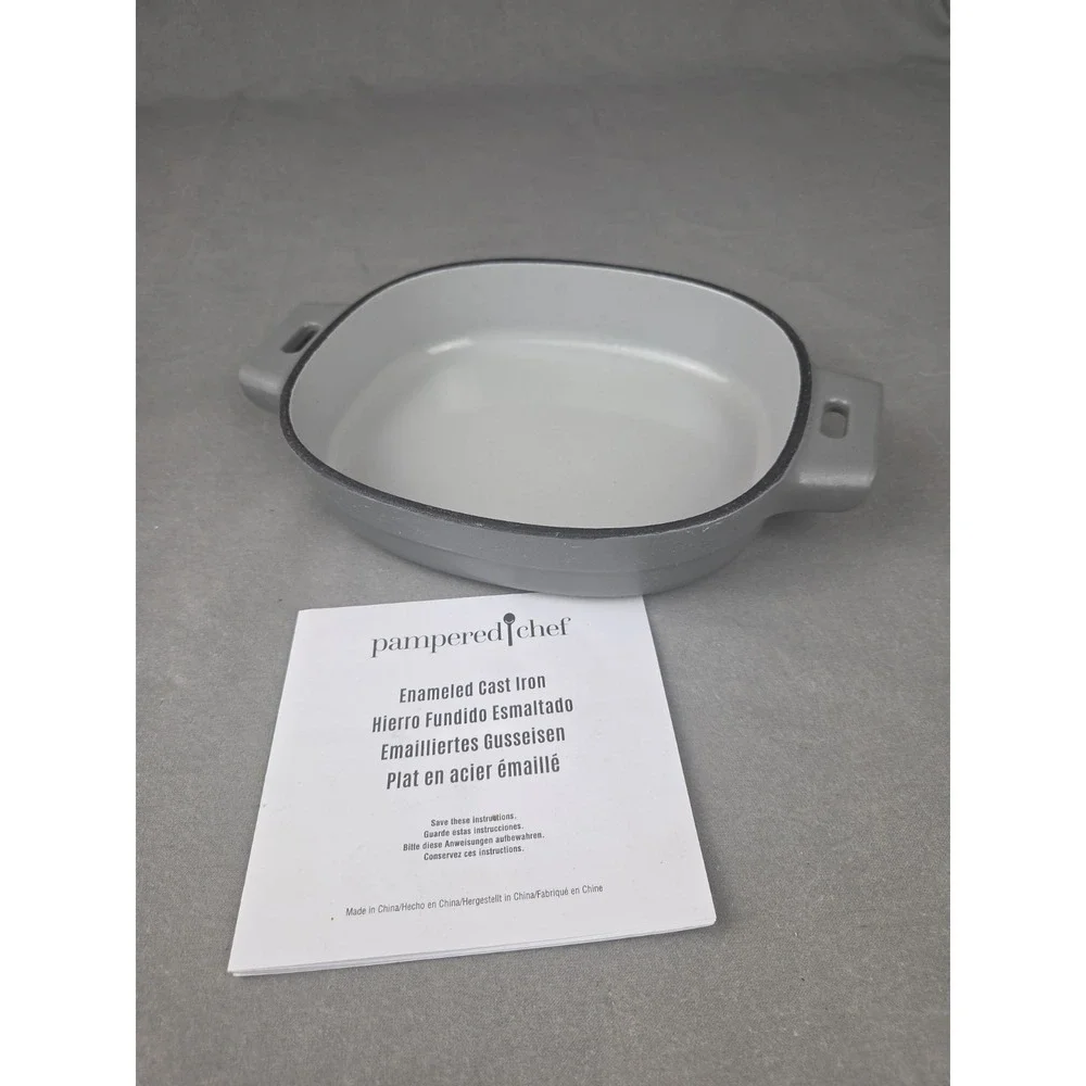 Pampered Chef GRAY Enameled CAST IRON 1 Qt BAKER Handles Casserole